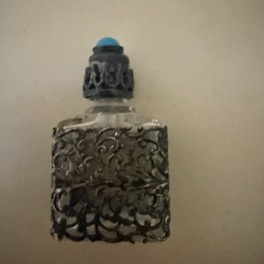 Antique Vintage Silver Overlay Turquoise Filigree Perfume Bottle Glass mini